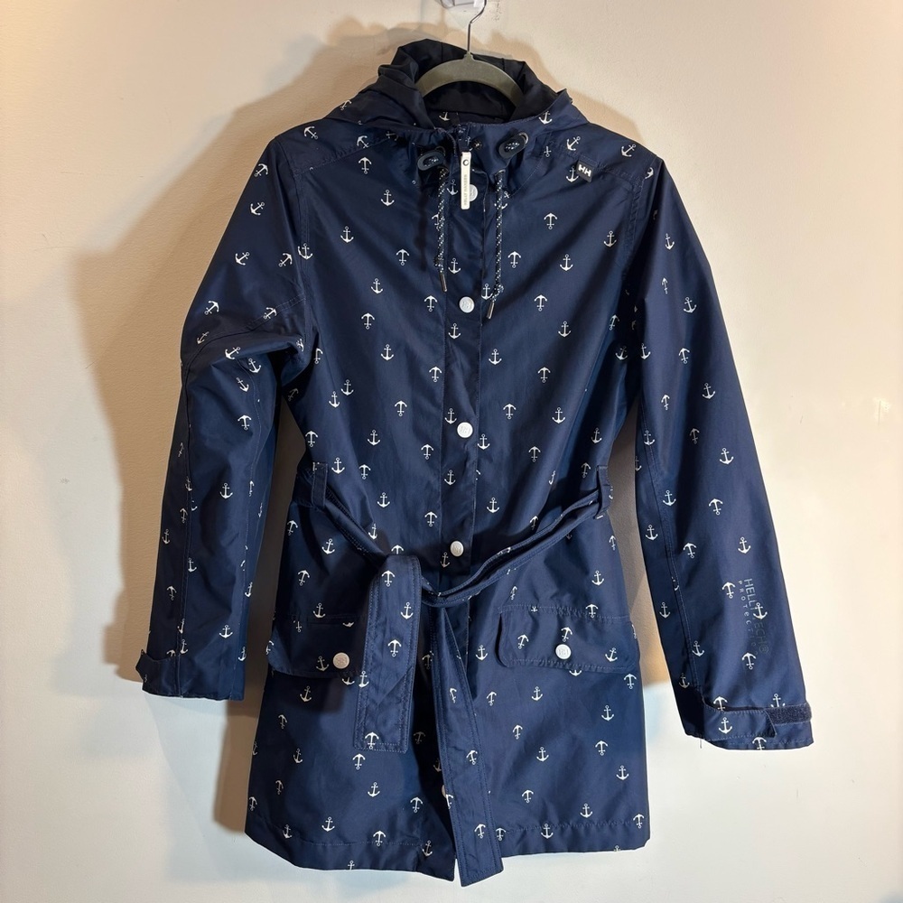HELLY HANSEN Sz M Navy Anchor Print Jacket Vented Zipper Snaps Hooded
